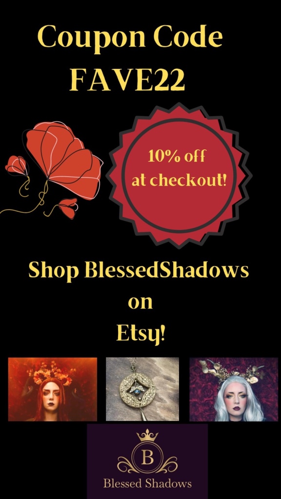 Coupon code for 10% off Etsy shop featuring handmade fantasy jewelry, headdresses, and prints 