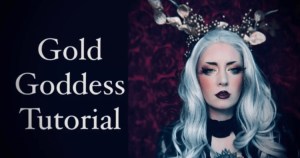 Gold goddess photoshoot makeup tutorial featuring a headdress like those available in the BlessedShadows Etsy shop