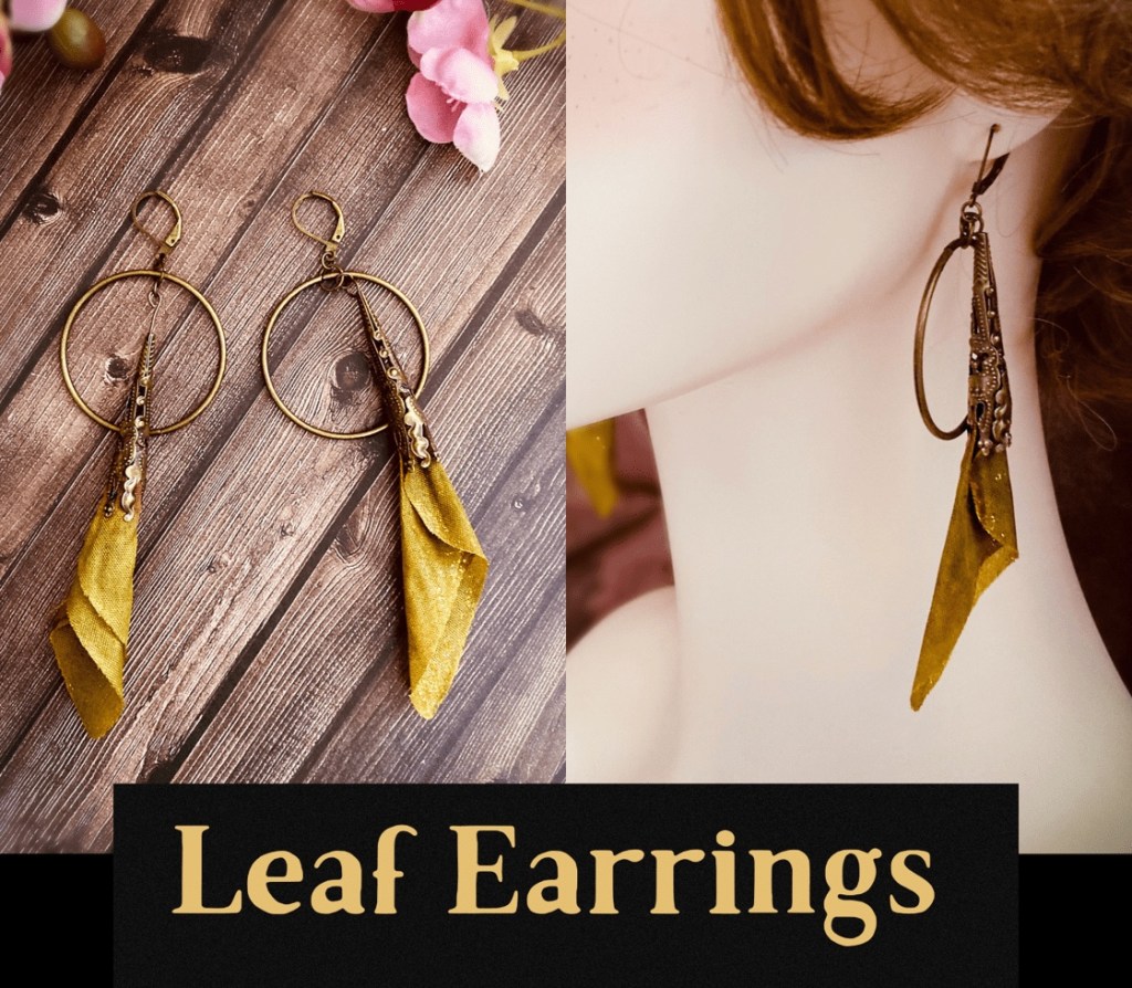 Unique, one of a kind earrings crafted with faux leaves with a touch of glitter and antique gold-tone metal. These handmade earrings feature crafted metal and decorative hoops. The perfect gift for any lover of nature and cottagecore vibes. These OOAK earrings are available in the TheBlessedShadows Etsy Shop